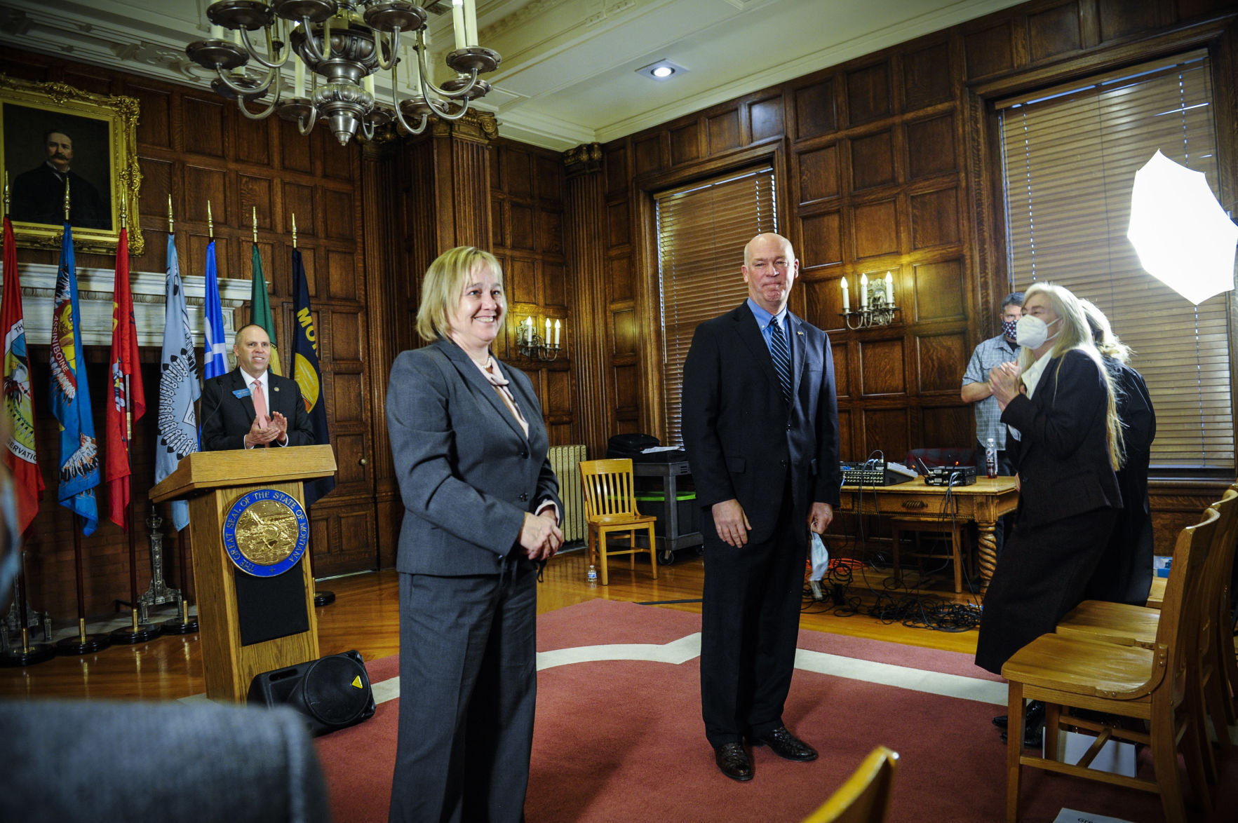 Lt. Gov. Kristen Juras, left, and Gov. Greg Gianforte